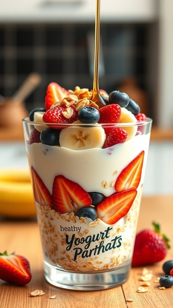 Oat Yogurt Parfait Recipe A colorful oat yogurt parfait with layers of yogurt, oats, and fresh fruits in a clear glass.